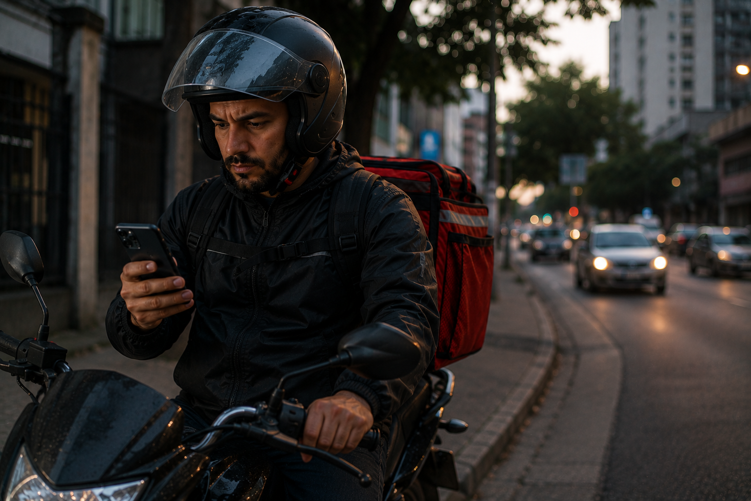 Entregador de aplicativo em moto consultando o celular em rua urbana ao entardecer