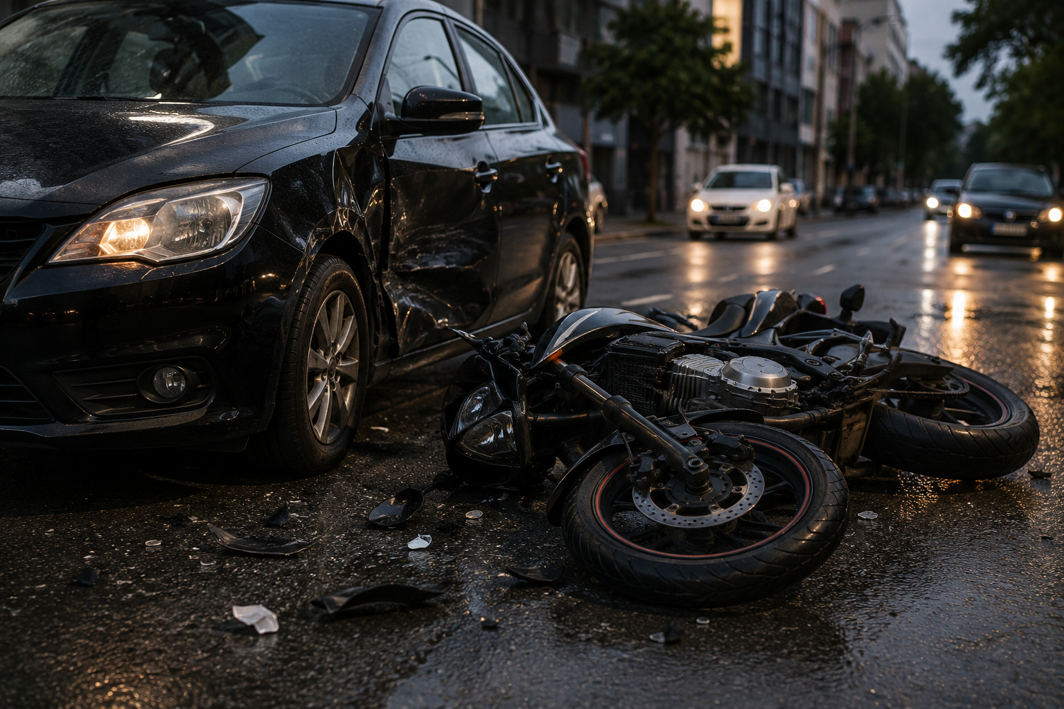 Carro e moto envolvidos em acidente urbano com danos materiais visíveis