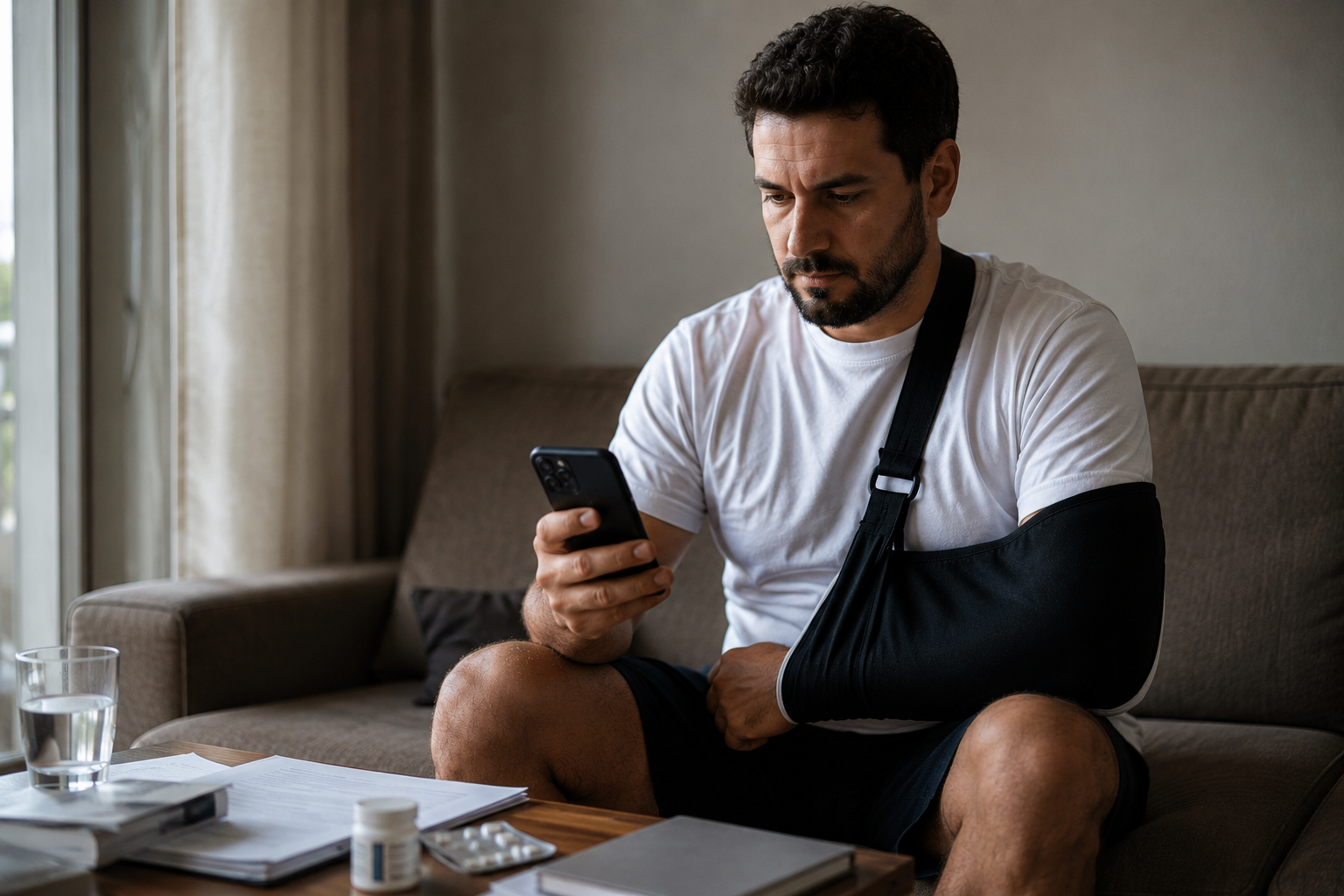 Pessoa com o braço imobilizado em tipoia consultando o celular após acidente