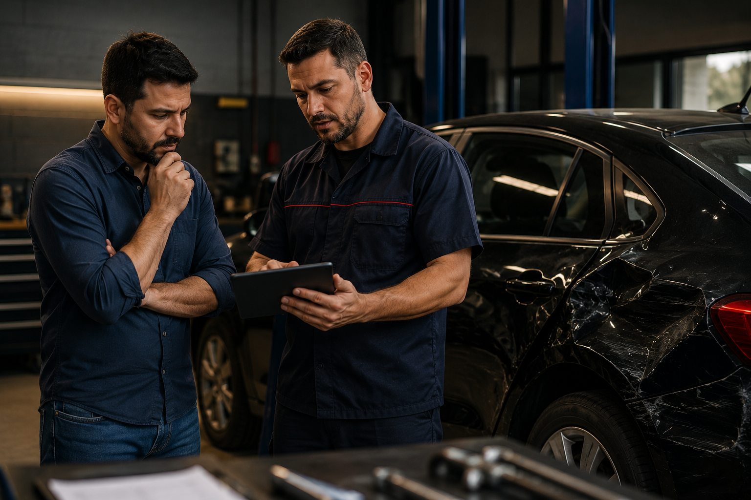 Cliente e profissional analisando dano em veículo em oficina automotiva com tablet