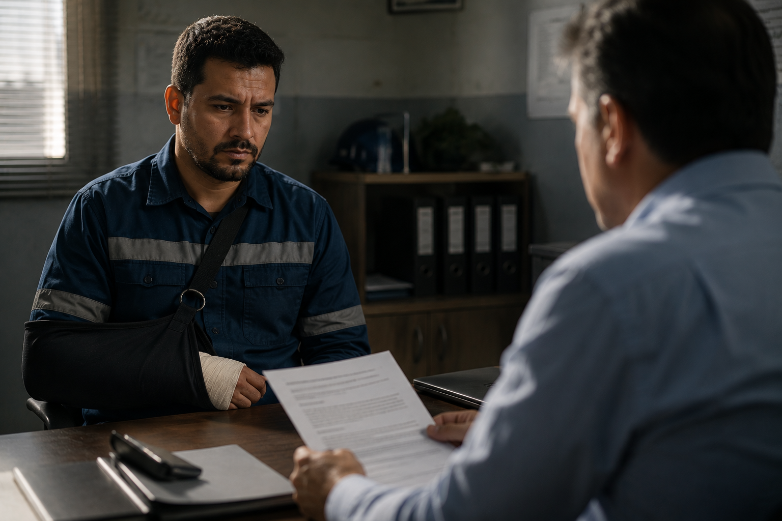 Trabalhador com o braço em tipoia em reunião séria analisando documentos com outro profissional