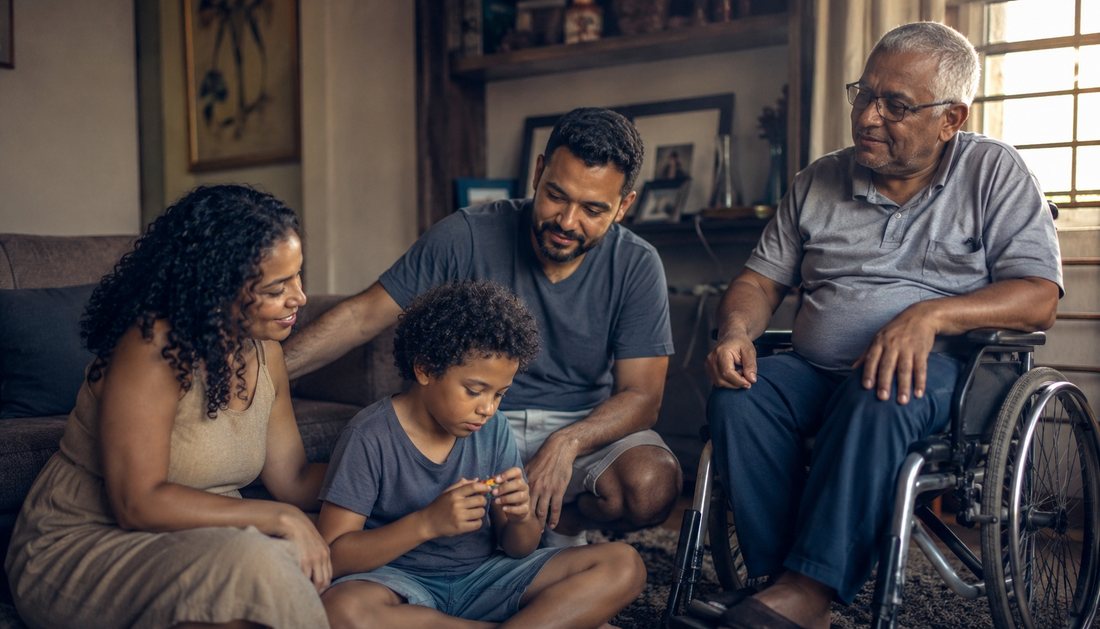 Família acolhendo pessoa com deficiência e criança autista